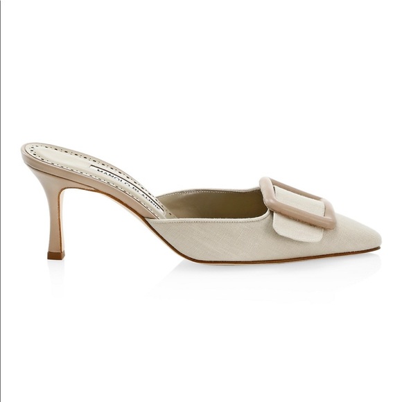 Manolo Blahnik Maysale Linen Mules Tan 70mm 37 - Picture 2 of 14